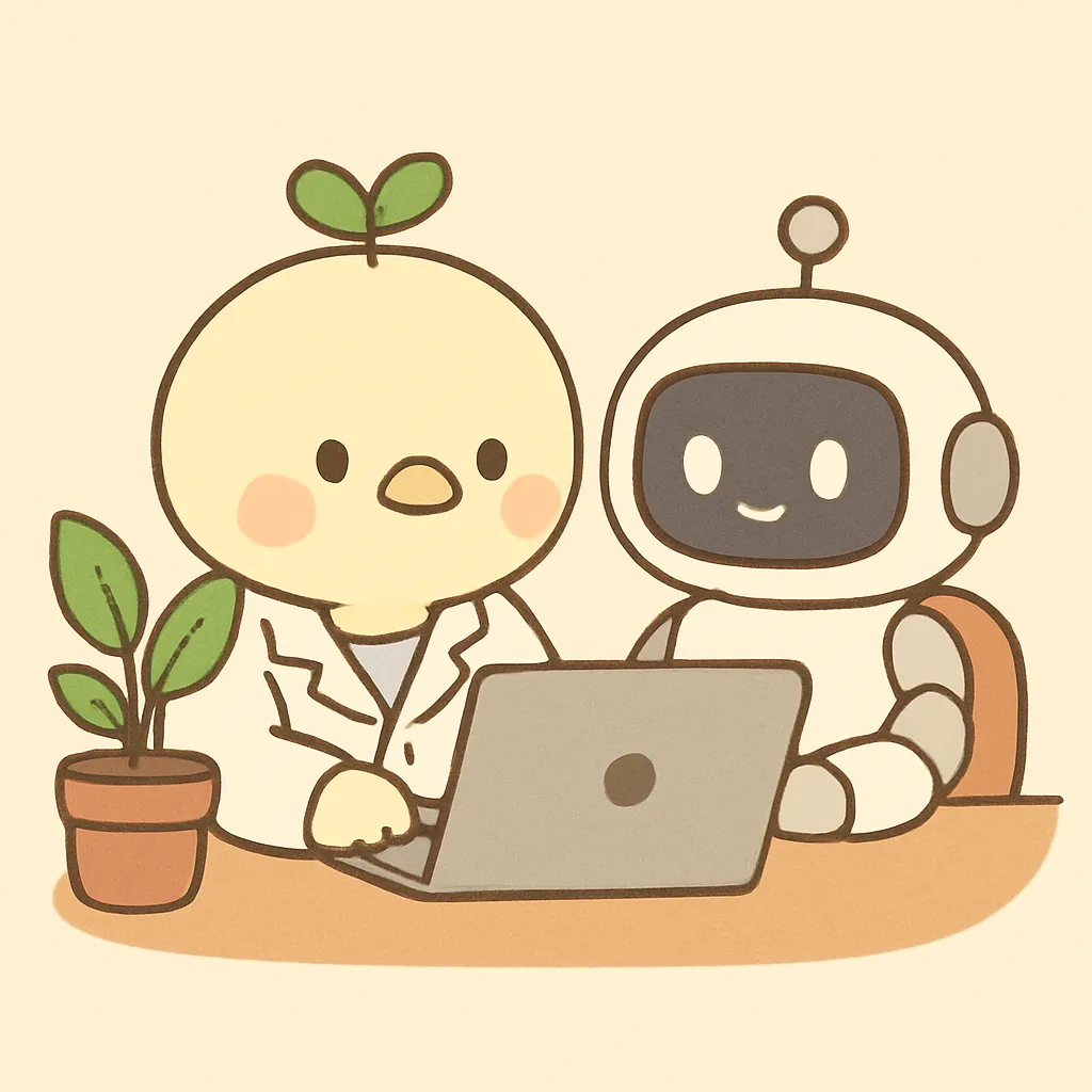 ことり主任がAIロボットと並んでノートパソコンの画面を一緒に見ている様子のイラスト
